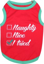 Parisian Pet Naughty or Nice Embroidered Christmas Dog & Cat Tee, Red, Medium