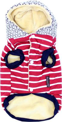 Show full view: Parisian Pet Striped Pom Pom Hoodie Red Cozy Striped Dog Sweatshirt with Playful Poms, Small slide 2 of 5