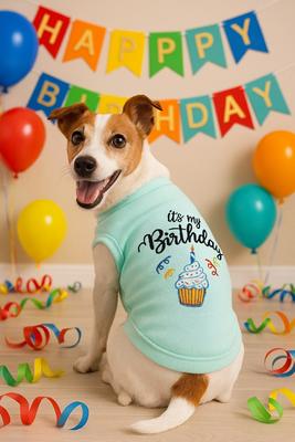 Show full view: Parisian Pet Birthday Boy Embroidered Cotton Dog T-Shirt, Blue, Medium slide 3 of 6