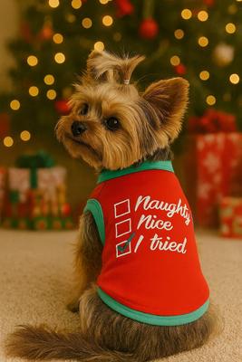 Show full view: Parisian Pet Naughty or Nice Embroidered Christmas Dog & Cat Tee, Red, XX-Small slide 3 of 6