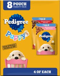 Pedigree Puppy Variety Pack Morsels in Sauce with Beef & Chicken Wet Dog Food Pouches, 3.5-oz, pack of 8