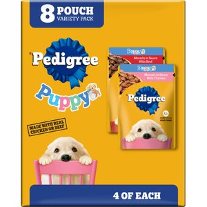 Pedigree Puppy Variety Pack Morsels in Sauce with Beef & Chicken Wet Dog Food Pouches, 3.5-oz, pack of 8