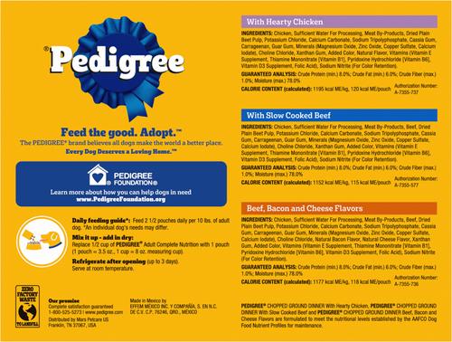 Show full view: Pedigree Chopped Ground Dinner Variety Pack with Chicken, Beef & Bacon Wet Dog Food, 3.5-oz pouch, case of 18 slide 3 of 12