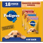 Pedigree Chopped Ground Dinner Variety Pack Chicken, Filet Mignon & Beef Adult Wet Dog Food, 3.5-oz pouch, case of 18