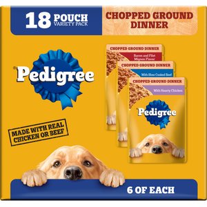 Pedigree Chopped Ground Dinner Variety Pack Chicken, Filet Mignon & Beef Adult Wet Dog Food, 3.5-oz pouch, case of 18