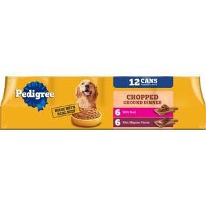 Pedigree Chopped Ground Dinner Filet Mignon Flavor & Beef Adult Canned Wet Dog Food Variety Pack, 13.2-oz, case of 12