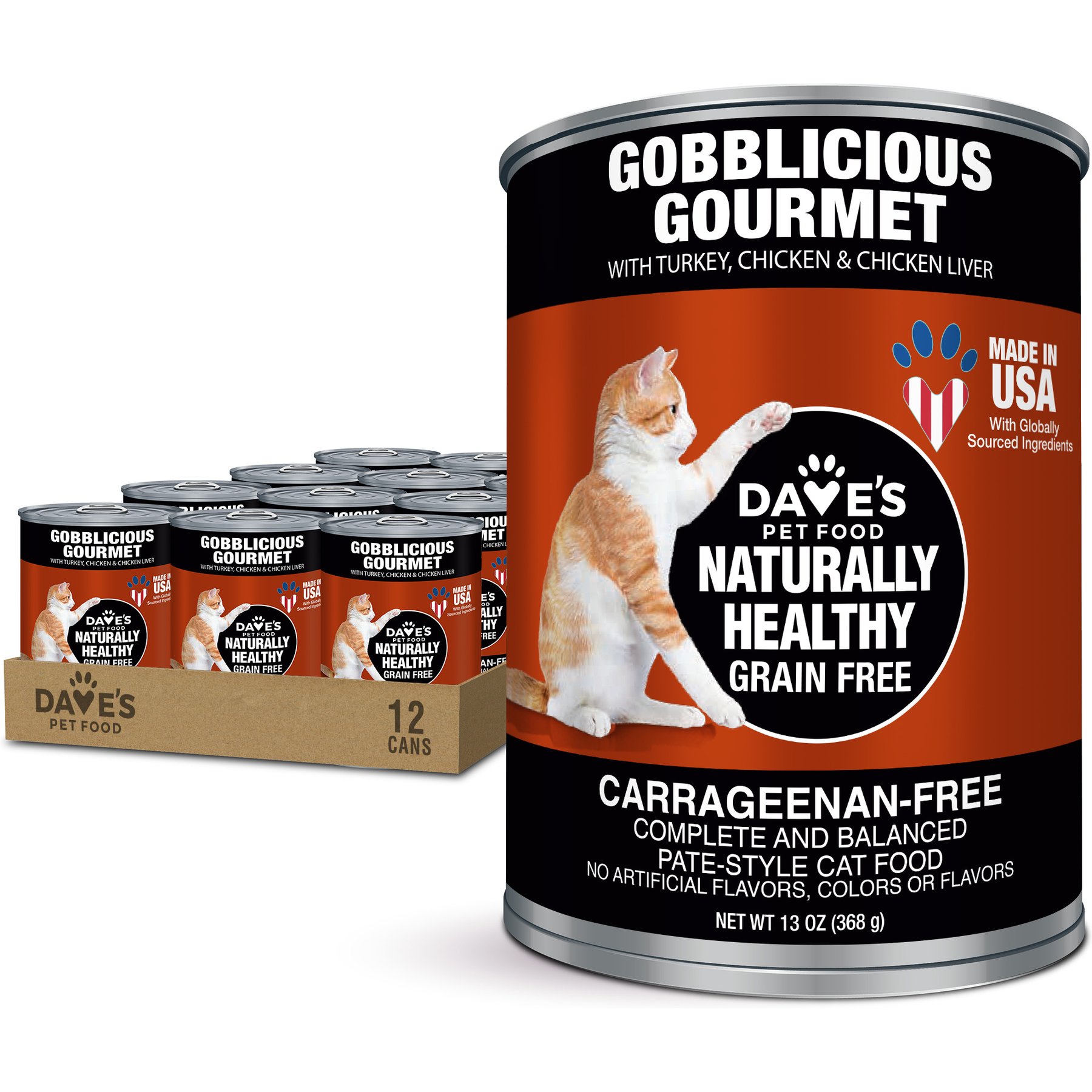 Dave's Pet Food Naturally Healthy Gobblicious Gourmet Grain-Free Pate Wet Canned Cat Food, 13-oz can, case of 12