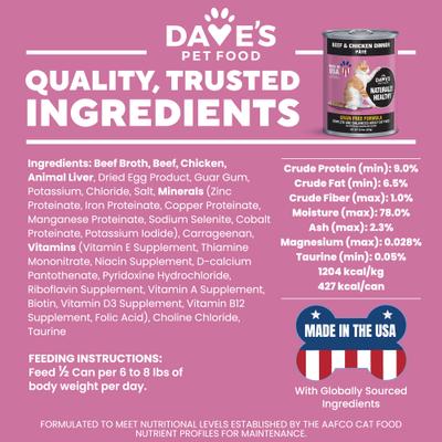 Show full view: Dave's Pet Food Naturally Healthy Grain-Free Beef & Chicken Dinner Pate Canned Wet Cat Food, 12.5-oz, case of 12 slide 7 of 12