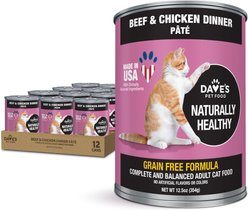 Dave's Pet Food Naturally Healthy Grain-Free Beef & Chicken Dinner Pate Canned Wet Cat Food, 12.5-oz, case of 12