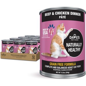 Dave's Pet Food Naturally Healthy Grain-Free Beef & Chicken Dinner Pate Canned Wet Cat Food, 12.5-oz, case of 12