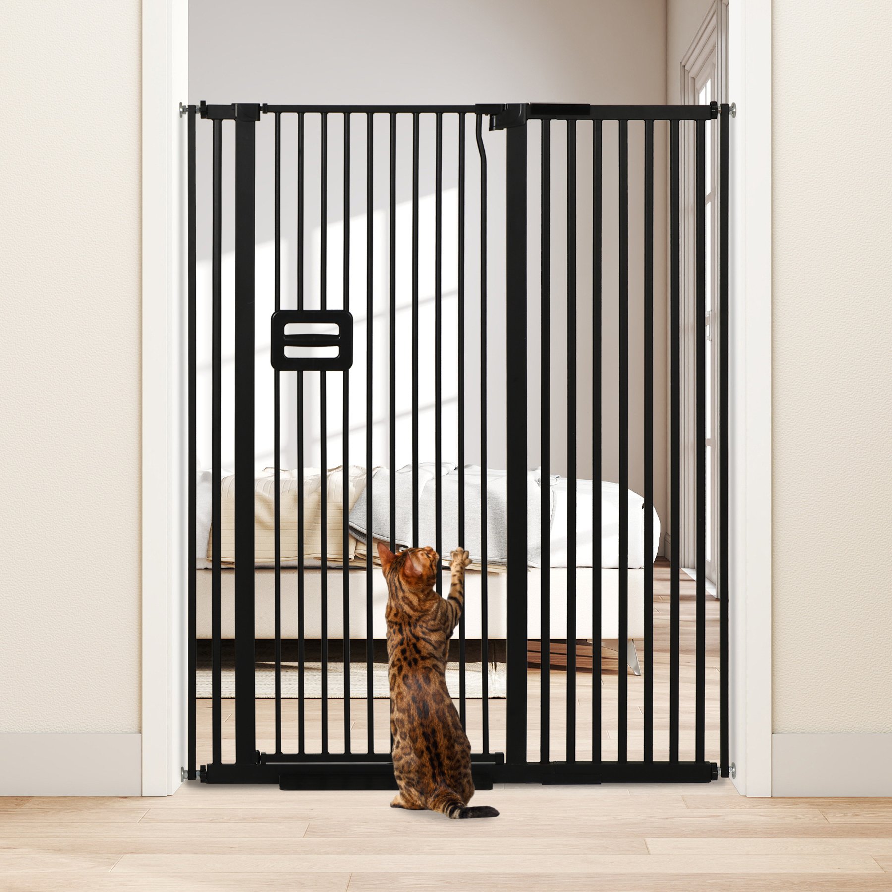 SMONTER Extra Tall Pressure Mounted Auto Close Dog & Cat Gate Extension, Black, 46 x 55-in