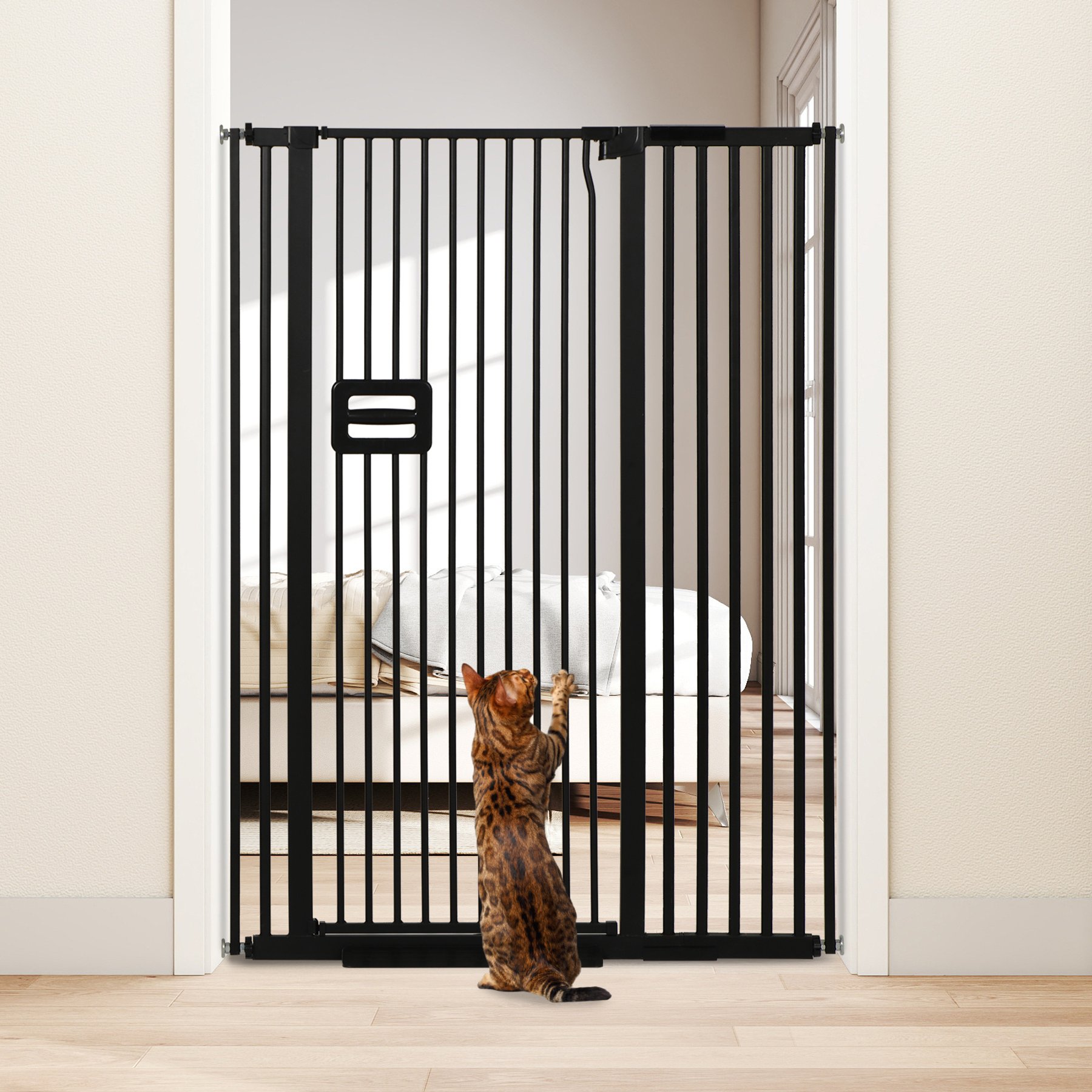 SMONTER Extra Tall Pressure Mounted Auto Close Dog & Cat Gate Extension, Black, 42 x 55-in