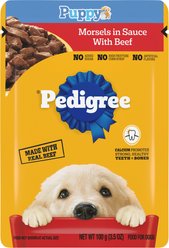 Pedigree Puppy Morsels in Sauce with Beef Wet Dog Food, 3.5-oz pouch, pack of 16