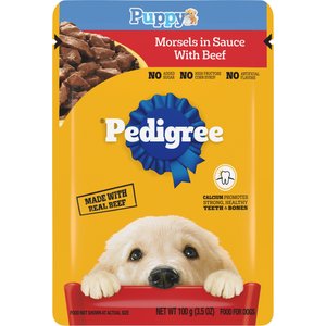 Pedigree Puppy Morsels in Sauce with Beef Wet Dog Food, 3.5-oz pouch, pack of 16