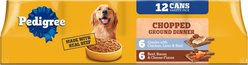 Pedigree Chopped Ground Dinner Liver & Beef, Beef, Bacon & Cheese Flavor with Chicken Adult Canned Wet Dog Food Combo Variety Pack, 13.2-oz, 12 count