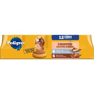 Pedigree Chopped Ground Dinner Liver & Beef, Beef, Bacon & Cheese Flavor with Chicken Adult Canned Wet Dog Food Combo Variety Pack, 13.2-oz, 12 count