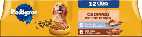 Pedigree Chopped Ground Dinner Liver & Beef, Beef, Bacon & Cheese Flavor with Chicken Adult Canned Wet Dog Food Combo Variety Pack, 13.2-oz, 12 count