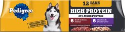Pedigree High Protein Chopped Beef & Bison Flavor & Chopped Chicken & Duck Flavor Adult Canned Soft Wet Dog Food Variety Pack, 13.2-oz can, case of 12