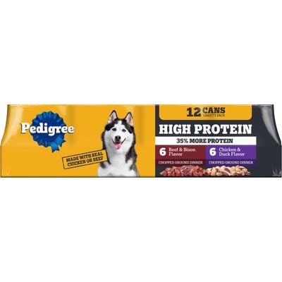 Pedigree Pedigree High Protein Chopped Beef & Bison Flavor & Chopped Chicken & Duck Flavor Adult Canned Soft Wet Dog Food Variety Pack, 13.2-oz can, case of 12