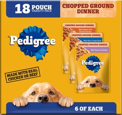Pedigree Chopped Ground Dinner Variety Pack with Chicken, Beef & Bacon Wet Dog Food, 3.5-oz pouch, case of 18