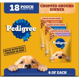 Pedigree Chopped Ground Dinner Variety Pack with Chicken, Beef & Bacon Wet Dog Food, 3.5-oz pouch, case of 18