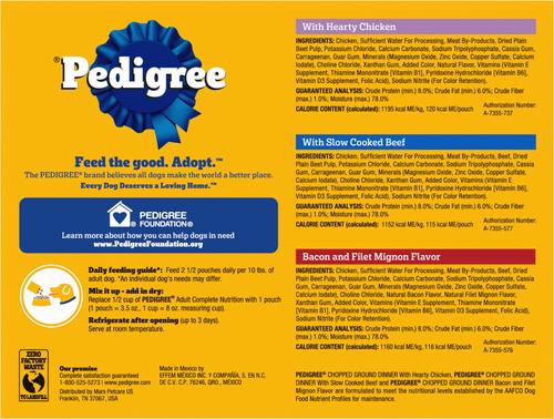 Show full view: Pedigree Chopped Ground Dinner Variety Pack Chicken, Filet Mignon & Beef Adult Wet Dog Food, 3.5-oz pouch, case of 18 slide 3 of 12