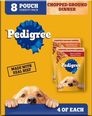 Pedigree Chopped Ground Dinner Variety Pack Featuring Bacon Adult Wet Dog Food, 3.5-oz pouch, case of 8