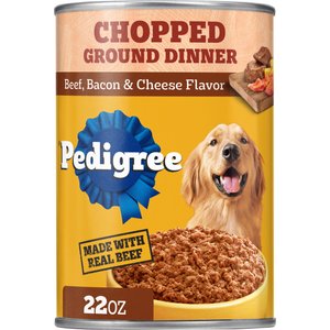 Pedigree Chopped Ground Dinner Beef, Bacon & Cheese Flavor Adult Canned Wet Dog Food, 22-oz, case of 12