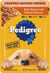 Pedigree Chopped Ground Dinner Beef, Bacon & Cheese Flavors Adult Wet Dog Food, 3.5-oz pouch, case of 16
