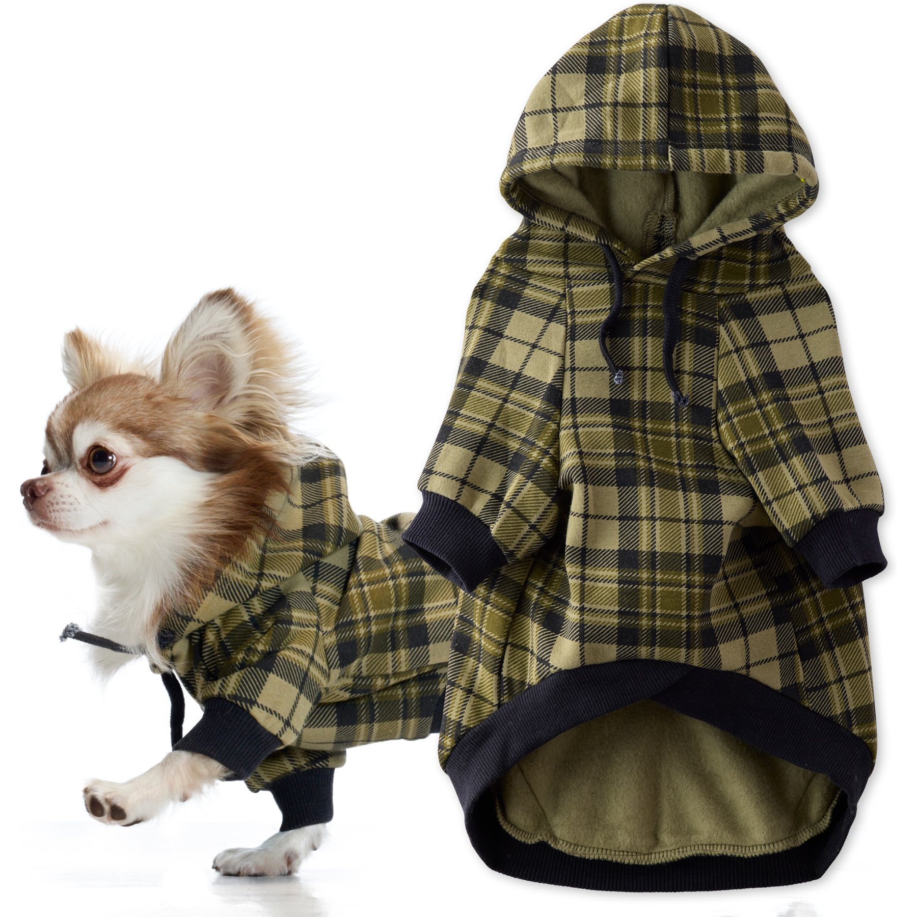 Pet Passion Rocky II Extra Comfy Plaid Dog Hoodie, Olive Chesterfield, Small