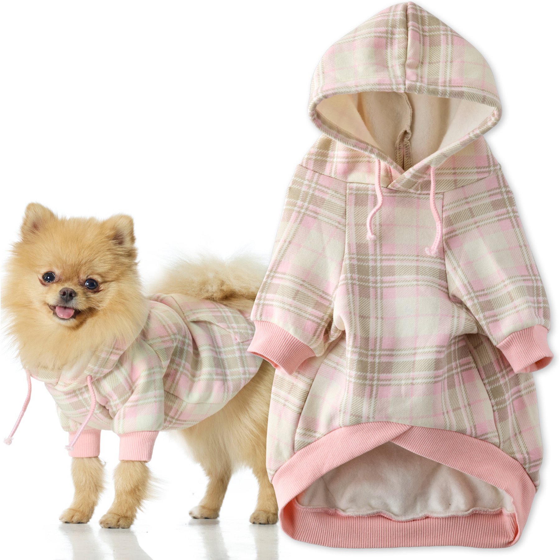 Pet Passion Rocky II Extra Comfy Plaid Dog Hoodie, Pink Chesterfield, Medium
