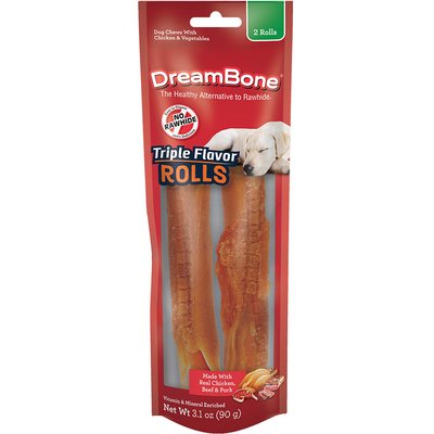 DreamBone DreamBone Triple Flavor Rolls Real Chicken, Beef & Pork Rawhide Free Dog Chews, 2 count