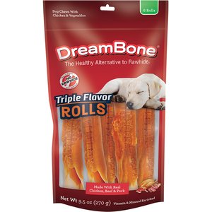 DreamBone Triple Flavor Rolls Real Chicken, Beef & Pork Rawhide Free Dog Chews, 6 count