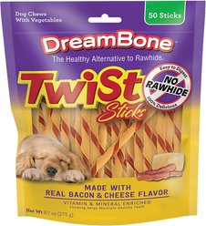 DreamBone Twist Sticks Real Bacon & Cheese Flavor Rawhide Free Dog Chews, 50 count