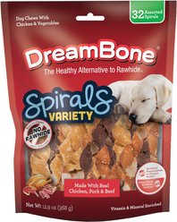 DreamBone Spirals Variety Pack Real Chicken, Beef & Pork Rawhide Free Dog Chews, 32 count