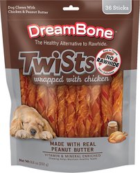 DreamBone Twists Wrapped with Chicken Peanut Butter Rawhide Free Dog Chews, 36 count