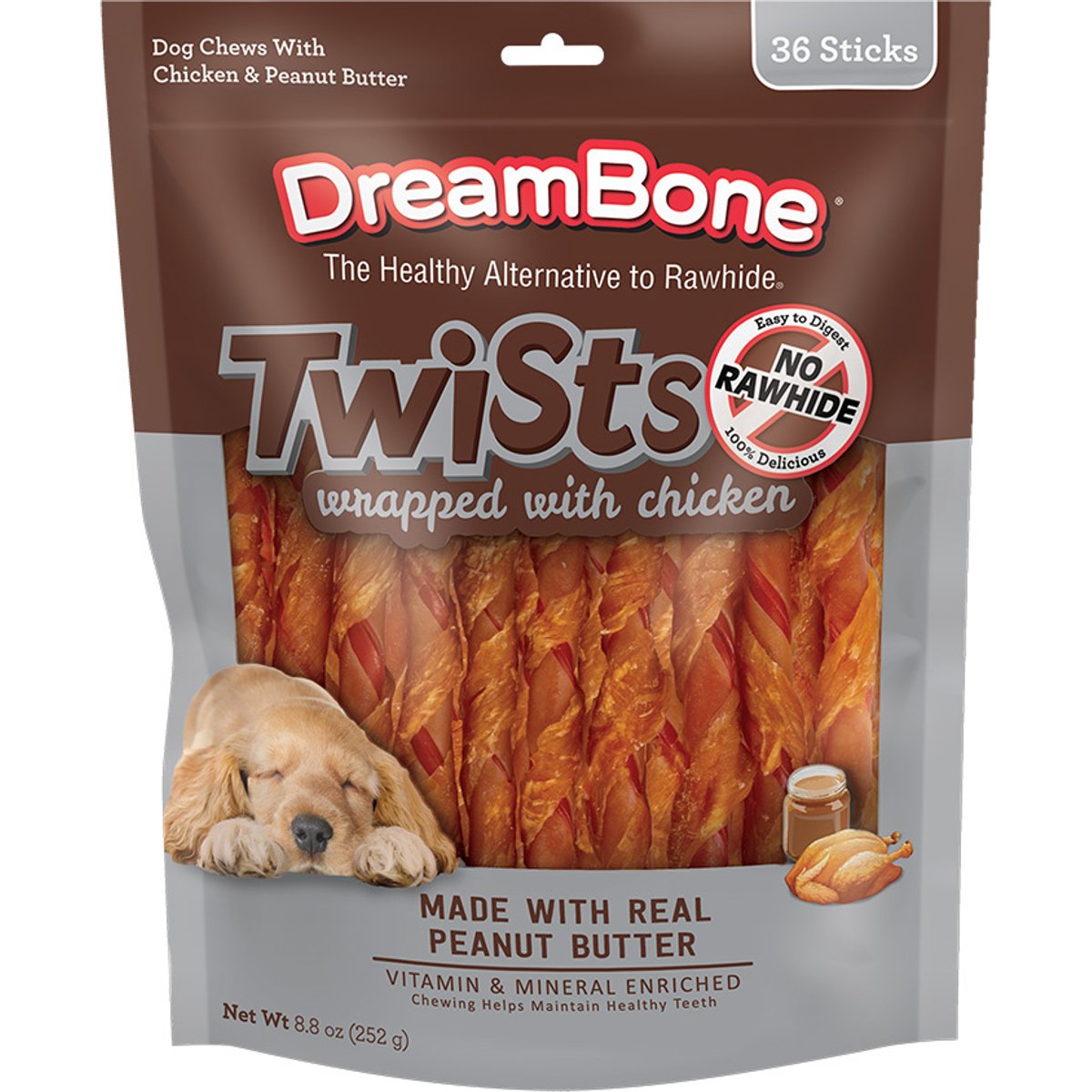 DreamBone Twists Wrapped with Chicken Peanut Butter Rawhide Free Dog Chews, 36 count