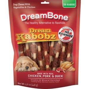 DreamBone Dream Kabobz Triple Flavor Real Chicken, Pork & Duck Rawhide Free Dog Chews, 28 count
