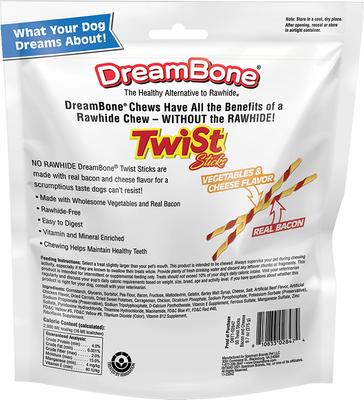 Show full view: DreamBone Twist Sticks Real Bacon & Cheese Flavor Rawhide Free Dog Chews, 50 count slide 3 of 13