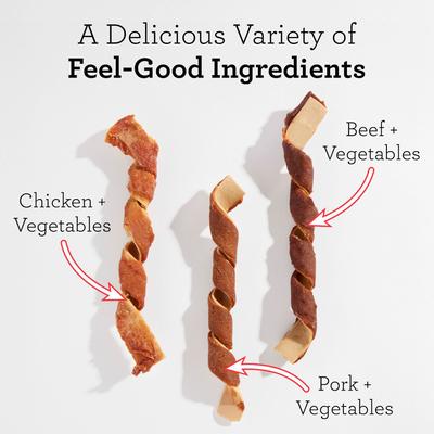 Show full view: DreamBone Spirals Variety Pack Real Chicken, Beef & Pork Rawhide Free Dog Chews, 18 count slide 4 of 13