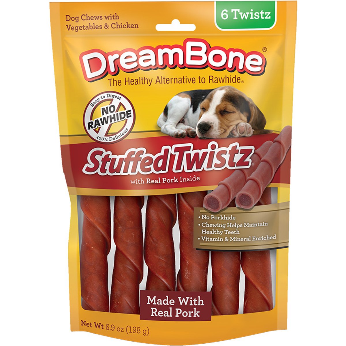 DreamBone Stuffed Twistz Real Pork Rawhide Free Dog Chews, 6 count