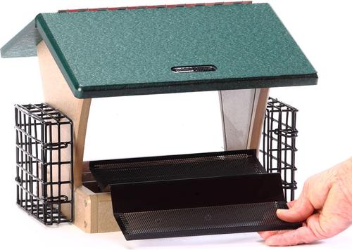 Show full view: Birds Choice Recycled Plastic Hopper Suet Wild Bird Feeder with Cages, Taupe & Green, Medium: 10.5 x 10.5 x 9-in slide 3 of 8