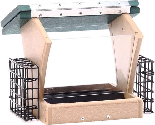 Show full view: Birds Choice Recycled Plastic Hopper Suet Wild Bird Feeder with Cages, Taupe & Green, Medium: 10.5 x 10.5 x 9-in slide 4 of 8