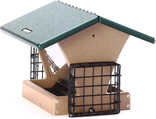 Show full view: Birds Choice Recycled Plastic Hopper Suet Wild Bird Feeder with Cages, Taupe & Green, Medium: 10.5 x 10.5 x 9-in slide 2 of 8