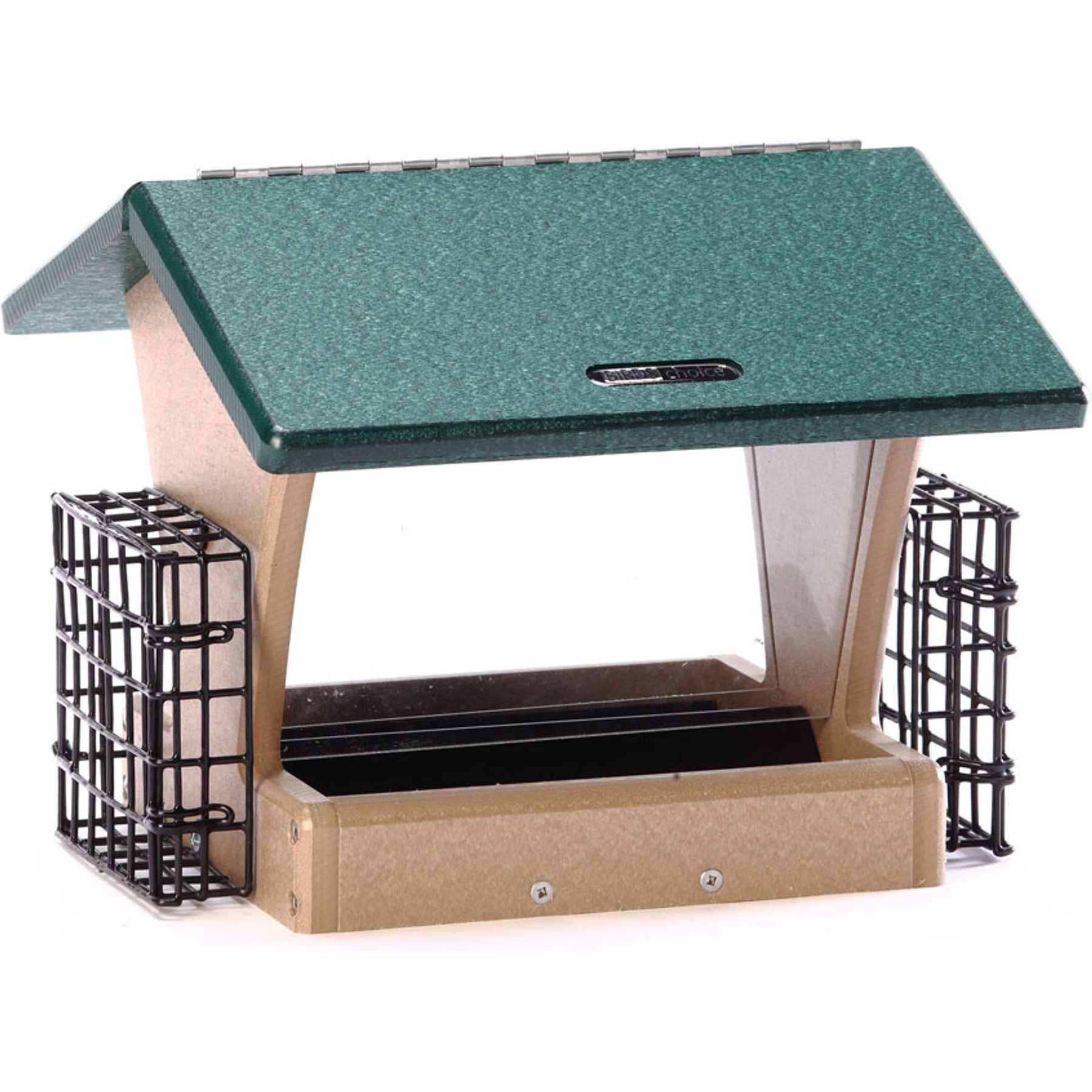 Birds Choice Recycled Plastic Hopper Suet Wild Bird Feeder with Cages, Taupe & Green, Medium: 10.5 x 10.5 x 9-in