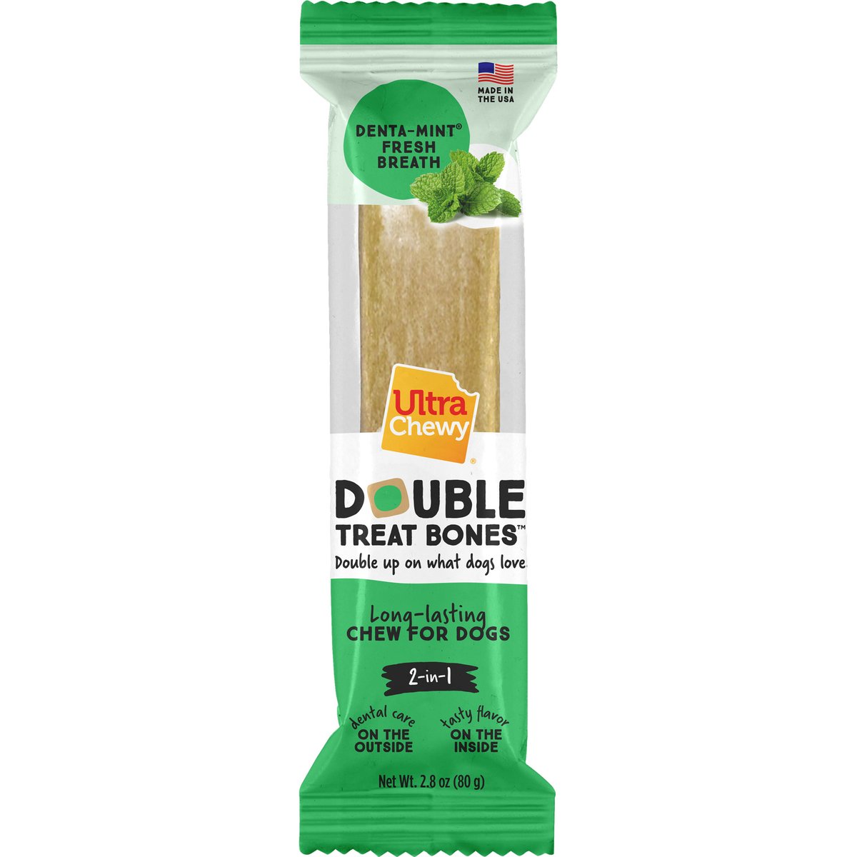 Ultra Chewy Double Treat Bone Denta Mint Dog Dental Chew Treats, 2.8-oz bag, 5 count