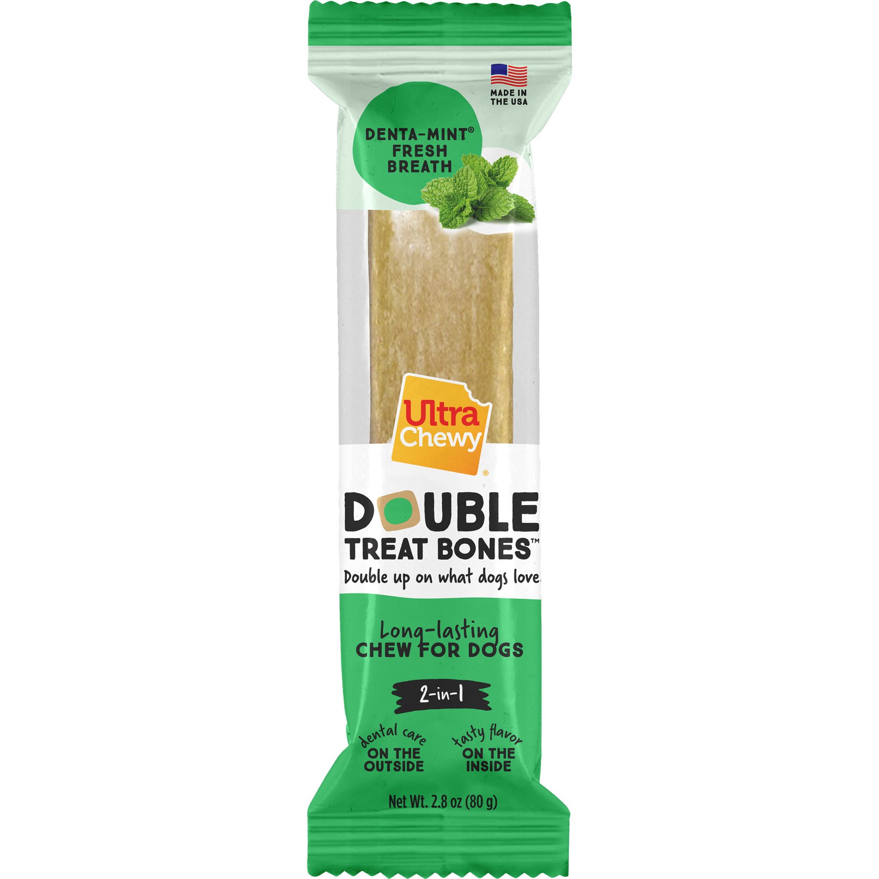 Ultra Chewy Double Treat Bone Denta Mint Dog Dental Chew Treats, 2.8-oz bag, 5 count