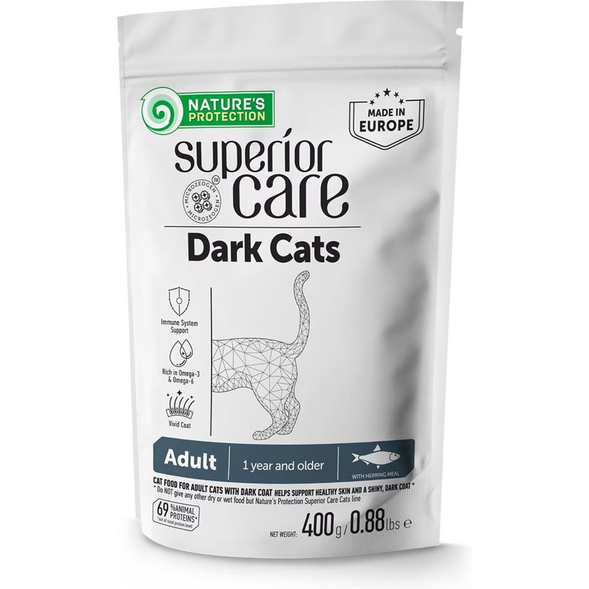 Nature's Protection Superior Care Dark Coat All Breeds Herring Dry Cat Food, 14.08-oz bag