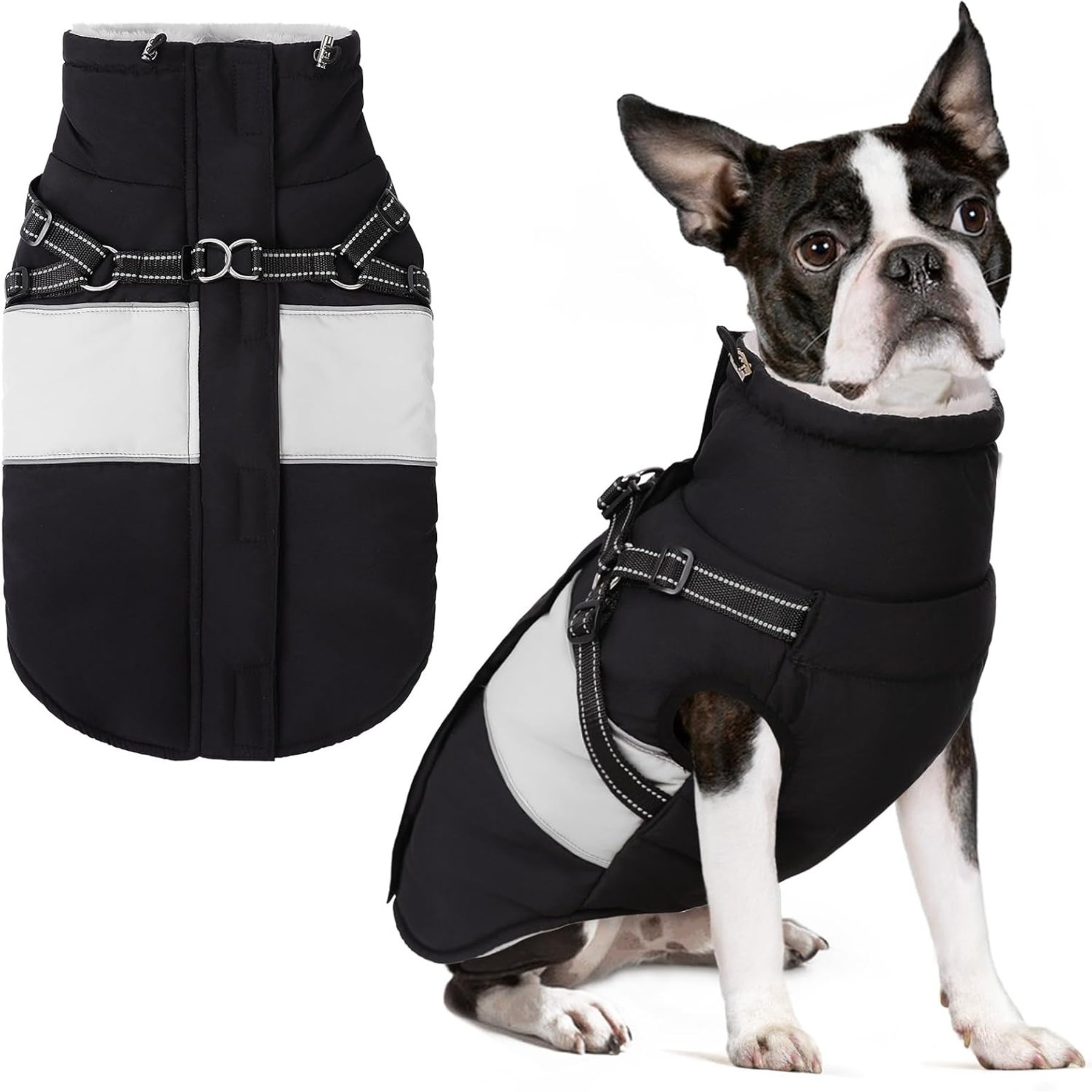 NANAKI Waterproof Snowsuit Zipper On Back Dog Coat with Built-in Harness, Black, X-Small