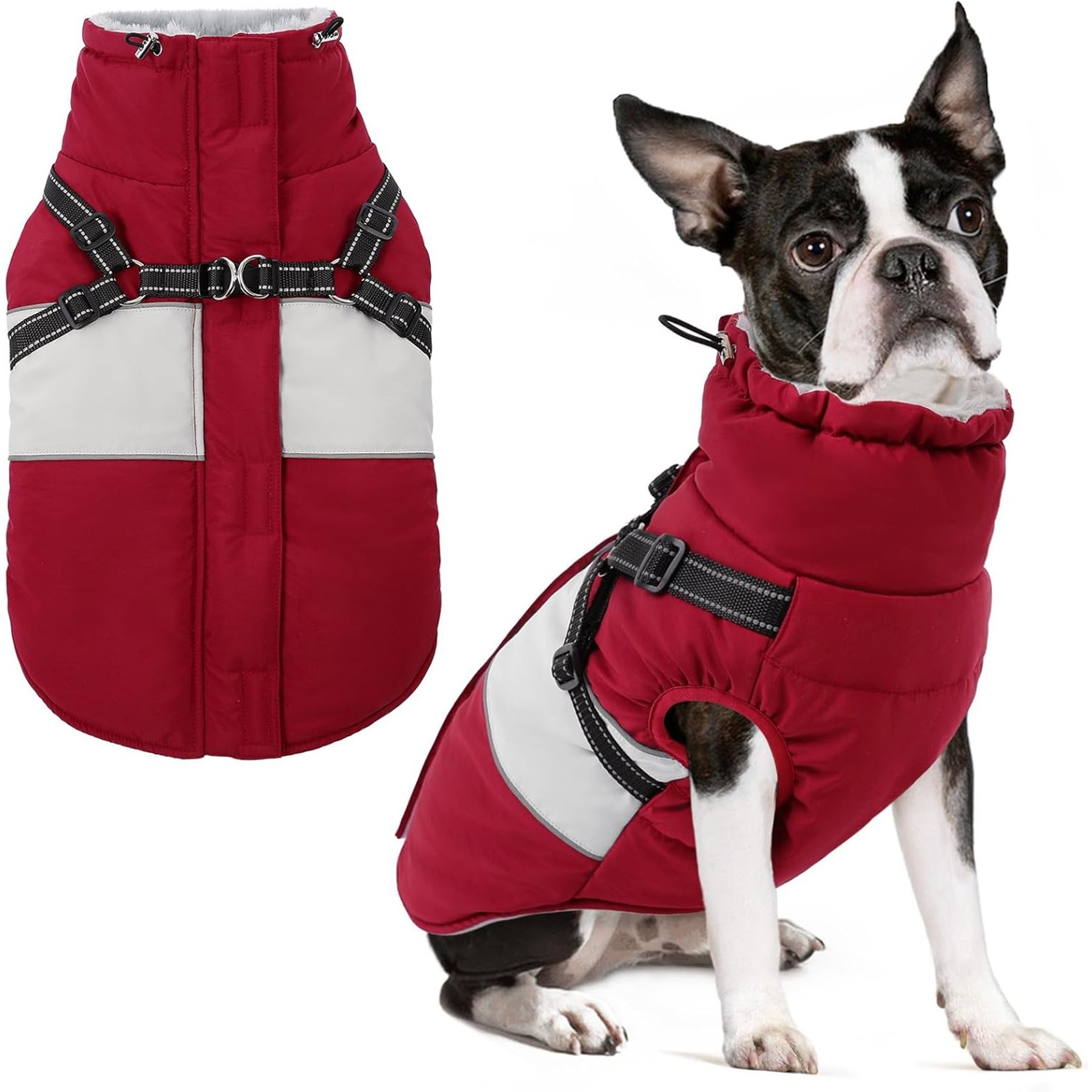 NANAKI Waterproof Snowsuit Zipper On Back Dog Coat with Built-in Harness, Red, X-Small